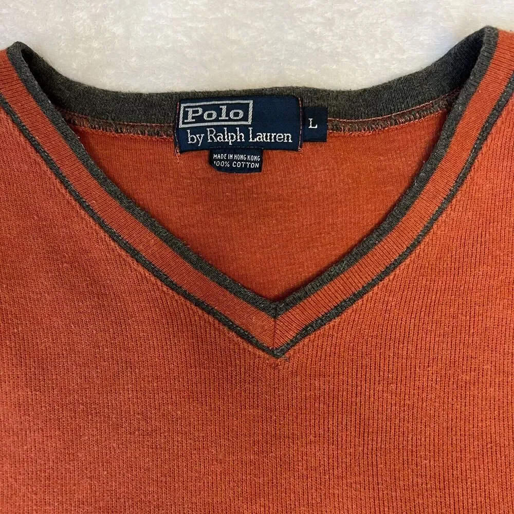 Polo Ralph Lauren Men Orange V-Neck Long Sleeve Casual Cotton Pullover Sweater L